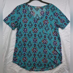 Freebird Womens L Blue Printed V-Neck Stretch Pocket Top Geometric